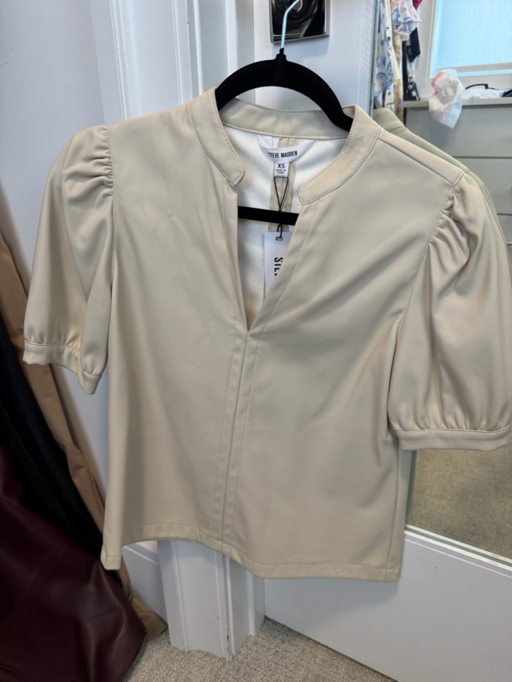 Steve Madden Cream Short-Sleeve Faux Leather Blouse